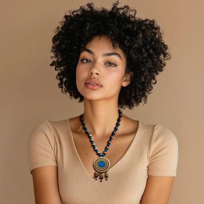 Alternate image for Blue and Antiqued Golden Traditional Ceramic Beaded Necklace Serene Chakra