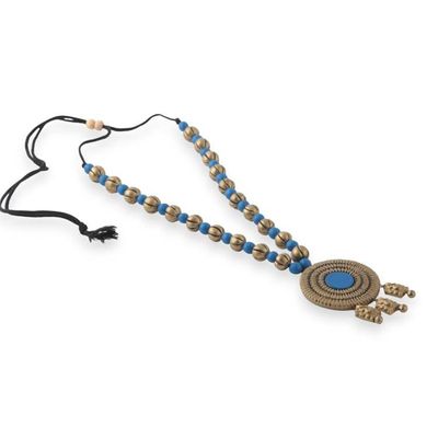 Alternate image for Blue and Antiqued Golden Traditional Ceramic Beaded Necklace Serene Chakra