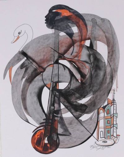 Alternate image for Swan People and Musical Instrument-Themed Acrylic Painting Echoes of Serenity