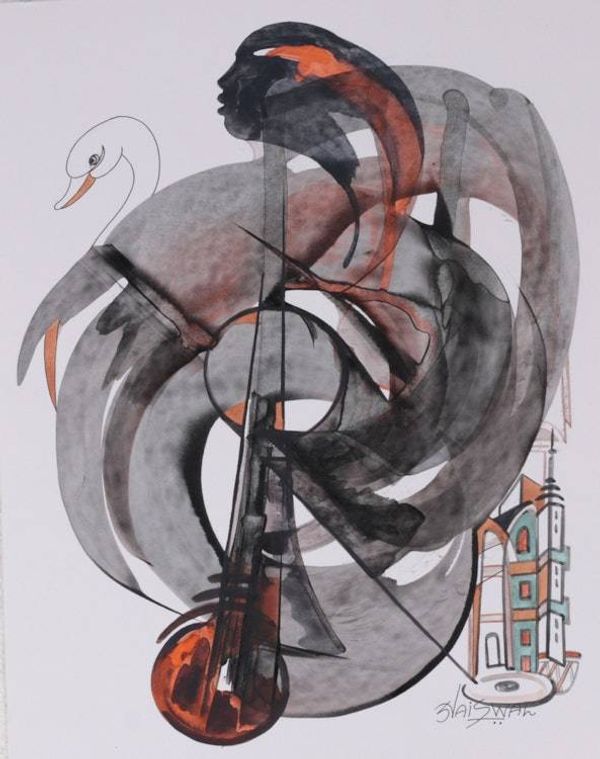 Alternate image for Swan People and Musical Instrument-Themed Acrylic Painting Echoes of Serenity