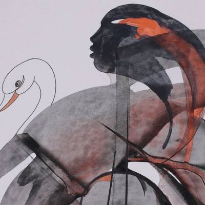 Alternate image for Swan People and Musical Instrument-Themed Acrylic Painting Echoes of Serenity