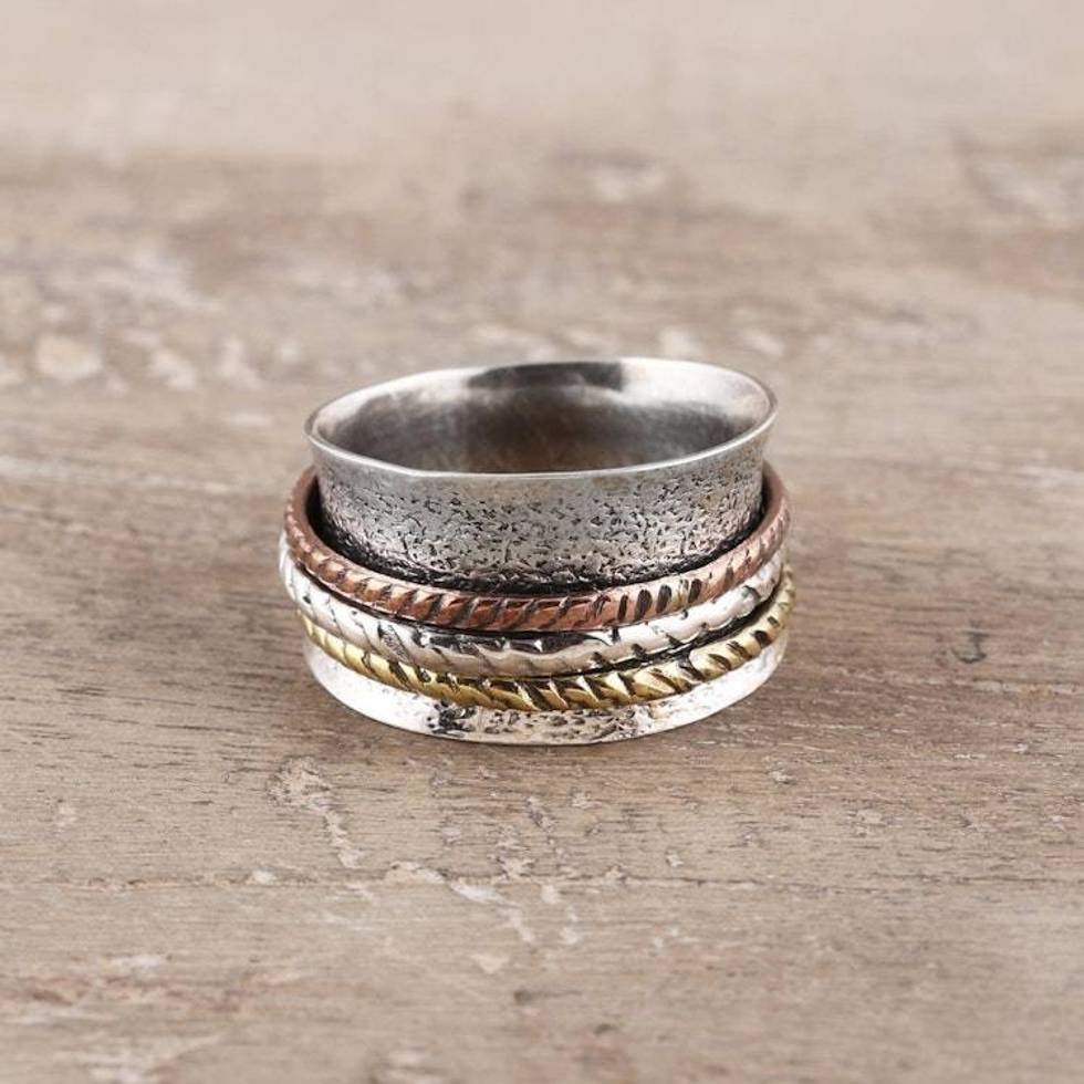 Rope Pattern Sterling Silver Spinner Ring from India 'Rope Rotation'