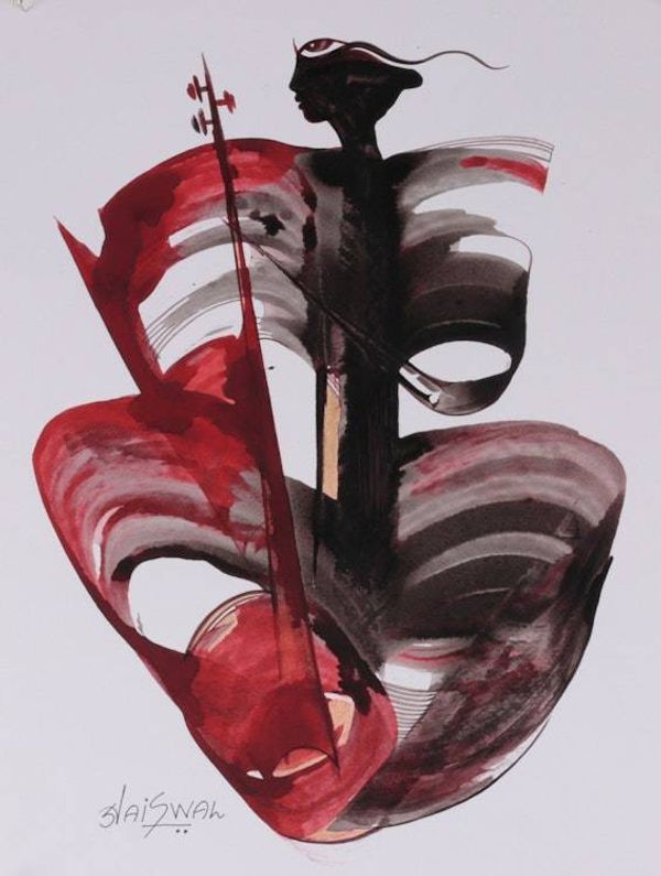 Alternate image for Woman Playing Musical Instrument Abstract Acrylic Painting Meditative Strings