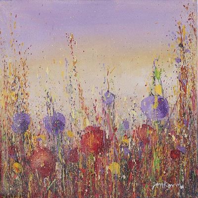 Primary image for Impressionist Purple and Yellow Acrylic Garden Painting Summer Blooms