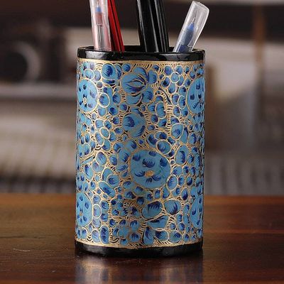 Alternate image for Round Blue and Golden Wood and Papier Mache Pen Holder Springtime Blue