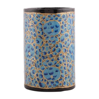 Alternate image for Round Blue and Golden Wood and Papier Mache Pen Holder Springtime Blue