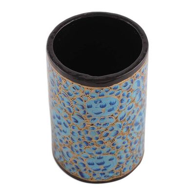 Alternate image for Round Blue and Golden Wood and Papier Mache Pen Holder Springtime Blue