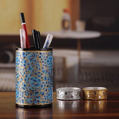 Alternate image for Round Blue and Golden Wood and Papier Mache Pen Holder Springtime Blue
