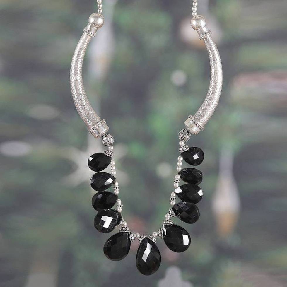 Textured Classic Onyx and Sterling Silver Link Necklace 'Enigmatic Glow'