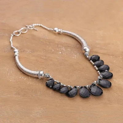 Alternate image for Textured Classic Onyx and Sterling Silver Link Necklace Enigmatic Glow