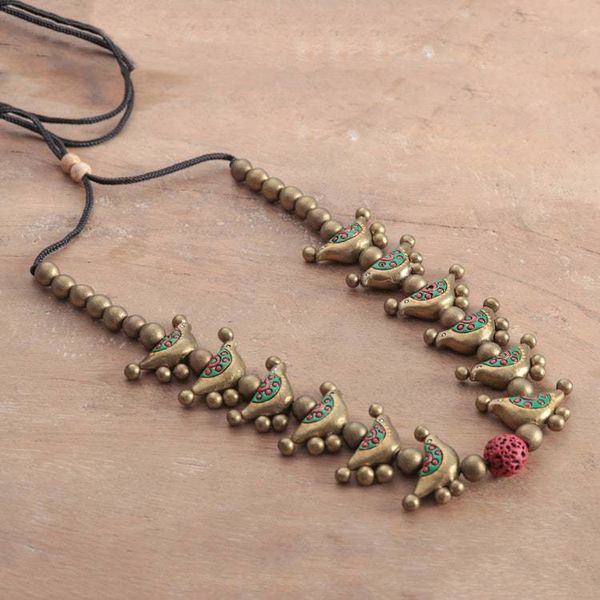 Alternate image for Hand-Painted Antiqued Golden Ceramic Bird Beaded Necklace Bird Unison