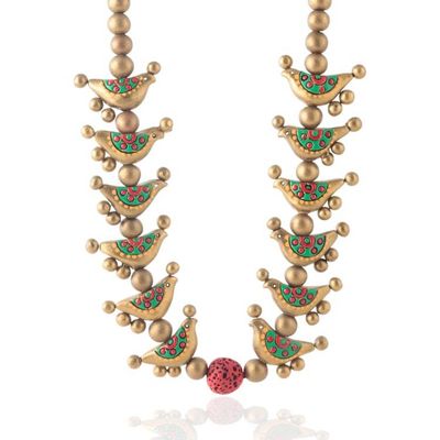 Alternate image for Hand-Painted Antiqued Golden Ceramic Bird Beaded Necklace Bird Unison