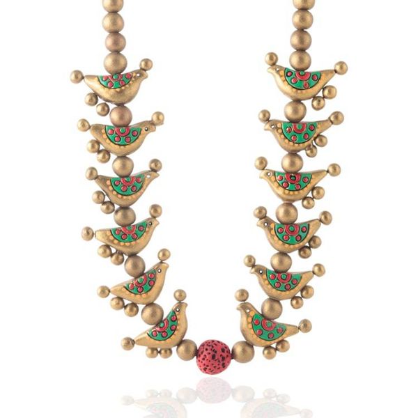 Alternate image for Hand-Painted Antiqued Golden Ceramic Bird Beaded Necklace Bird Unison