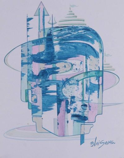 Alternate image for Stretched Expressionist Temple Painting in Blue and Pink Temple of Stillness