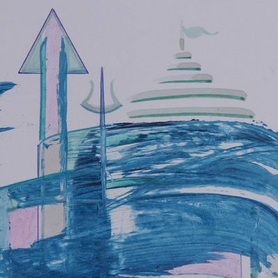 Alternate image for Stretched Expressionist Temple Painting in Blue and Pink Temple of Stillness