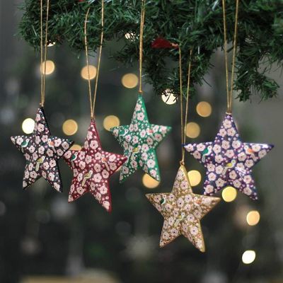 Primary image for Hand-Painted 5-Piece Star-Shaped Papier Mache Ornament Set Kashmir Constellation