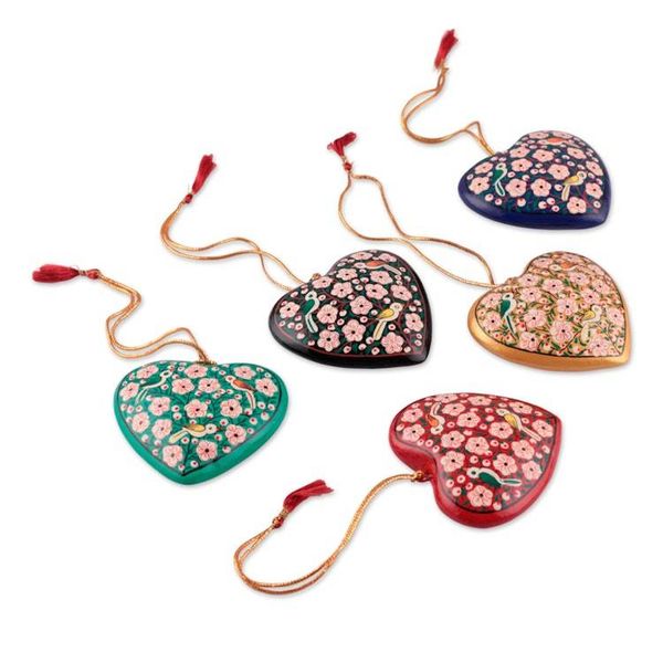 Alternate image for Floral Hand-Painted 5-Piece Papier Mache Heart Ornament Set Kashmir Love