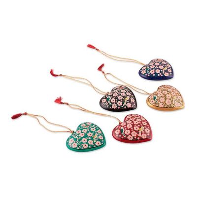 Alternate image for Floral Hand-Painted 5-Piece Papier Mache Heart Ornament Set Kashmir Love