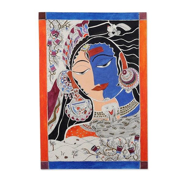 Alternate image for Ink Watercolor Madhubani Art Indian Gods Shiva and Parvati Ardhanarishvara