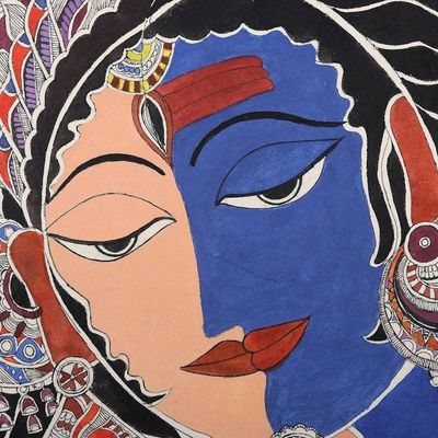 Alternate image for Ink  Watercolor Madhubani Art Indian Gods Shiva and Parvati Ardhanarishvara