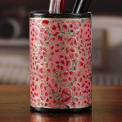 Alternate image for Round Pink and Golden Wood and Papier Mache Pen Holder Springtime Pink
