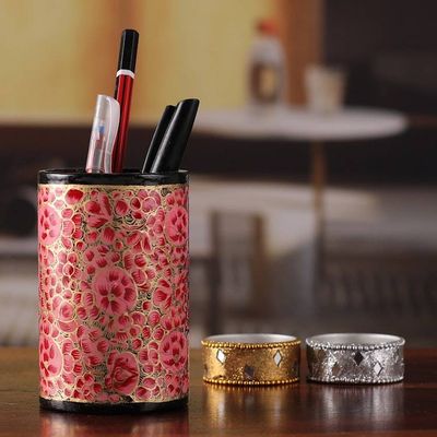 Alternate image for Round Pink and Golden Wood and Papier Mache Pen Holder Springtime Pink