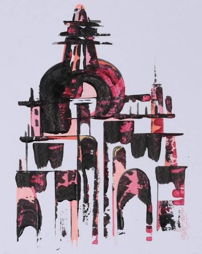 Alternate image for Temple-Themed Abstract Architectural Acrylic Painting Meditative Pathways