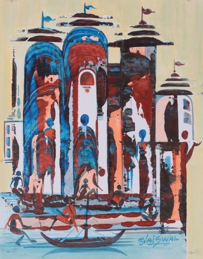 Alternate image for Acrylic Painting of Temple with Boat and People Silhouettes Temple of Reflections