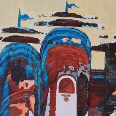 Alternate image for Acrylic Painting of Temple with Boat and People Silhouettes Temple of Reflections