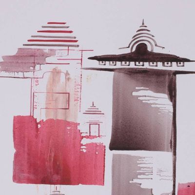 Alternate image for Abstract Acrylic on Paper Temple Painting in Red and Black Sacred Silence