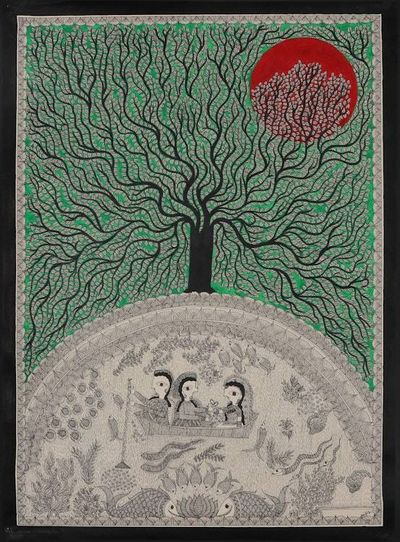 Alternate image for Classic Natural Dye Green and Grey Madhubani Painting Rural Beauty
