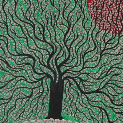 Alternate image for Classic Natural Dye Green and Grey Madhubani Painting Rural Beauty