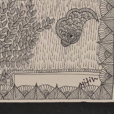 Alternate image for Classic Natural Dye Green and Grey Madhubani Painting Rural Beauty