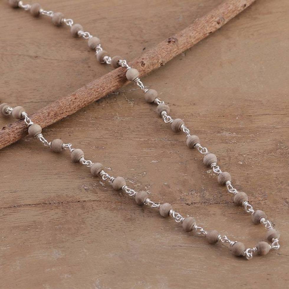 Avant-Garde Sterling Silver and Tulsi Wood Link Necklace 'Immortal Forest'