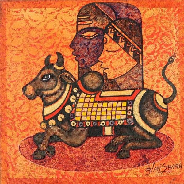 Alternate image for Orange Bull Painting on Canvas Shivalaya