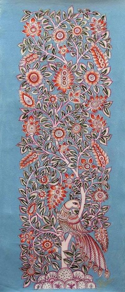 Image for Hand Painted Kalamkari Artwork of Tree with Peacock Pink Breeze