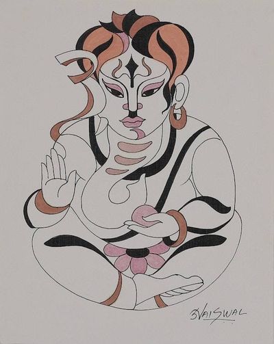 Alternate image for Signed Hindu Acrylic and Watercolor Ganesha Painting Ganesha