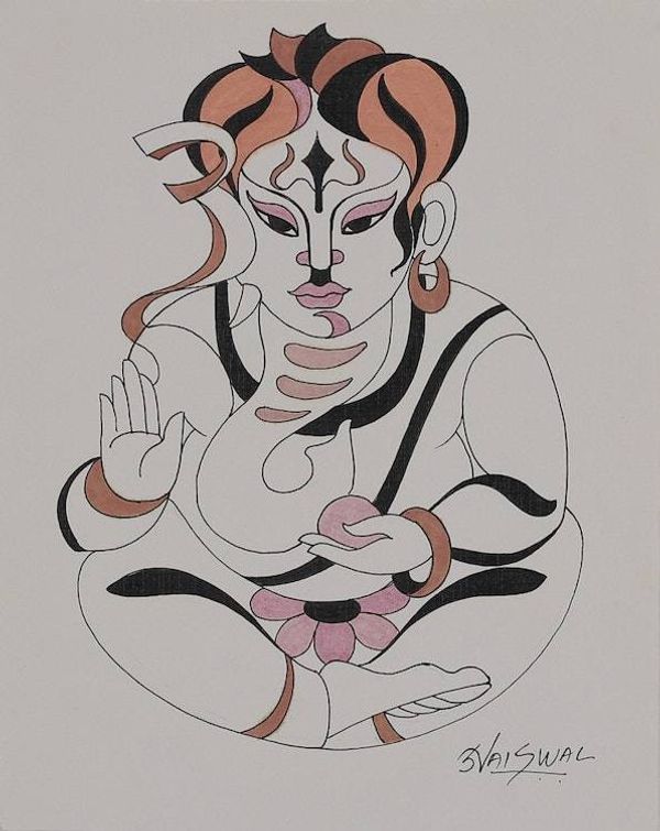 Alternate image for Signed Hindu Acrylic and Watercolor Ganesha Painting Ganesha