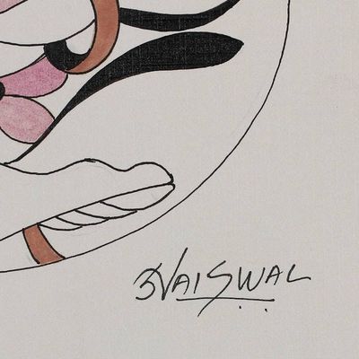 Alternate image for Signed Hindu Acrylic and Watercolor Ganesha Painting Ganesha