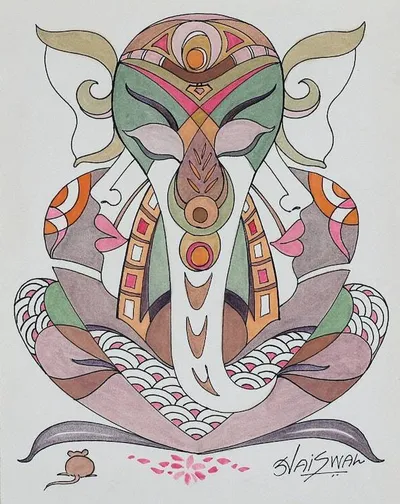 Alternate image for Vibrant Acrylic and Watercolor Meditative Ganesha Painting Meditative Ganesha