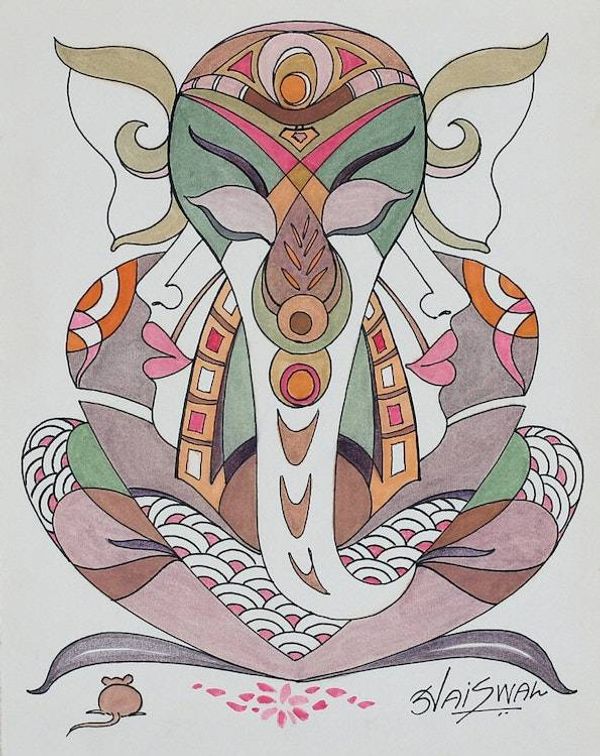 Alternate image for Vibrant Acrylic and Watercolor Meditative Ganesha Painting Meditative Ganesha