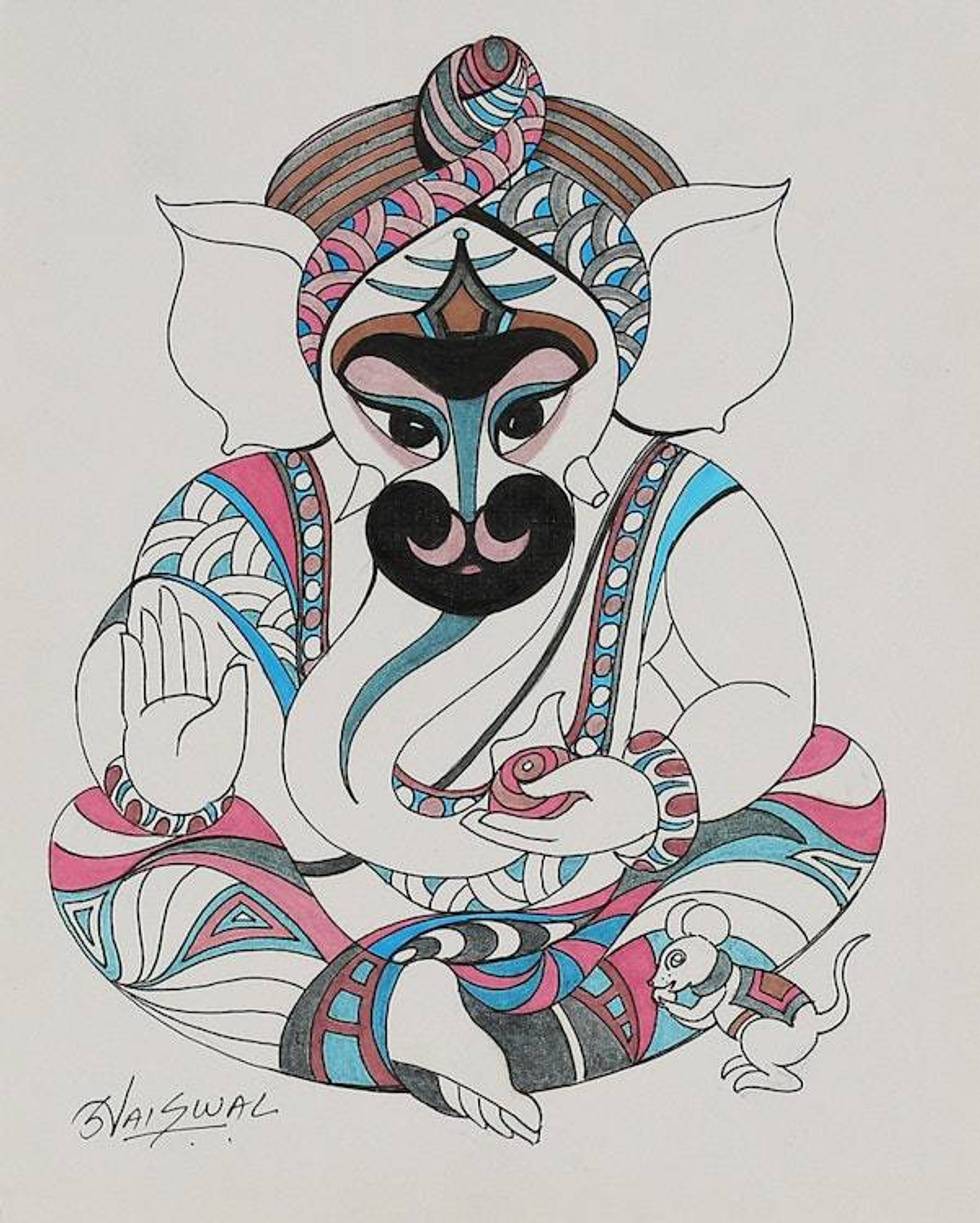 Signed Hindu Watercolor Ganesha and Hanuman Painting 'Ganesha Hanuman'