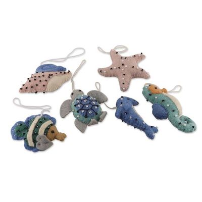 Alternate image for Ocean-Themed Glass Beaded 6-Piece Wool Felt Ornament Set Seaside
