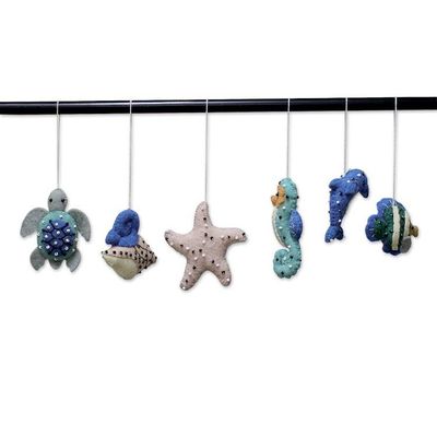 Alternate image for Ocean-Themed Glass Beaded 6-Piece Wool Felt Ornament Set Seaside