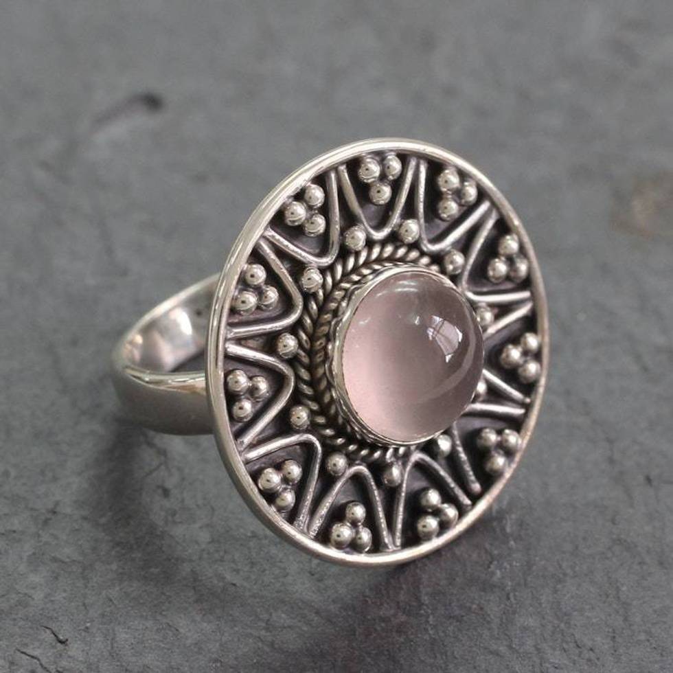 Indian Sterling Silver Cocktail Ring with Rose Quartz 'Tribal Fling'