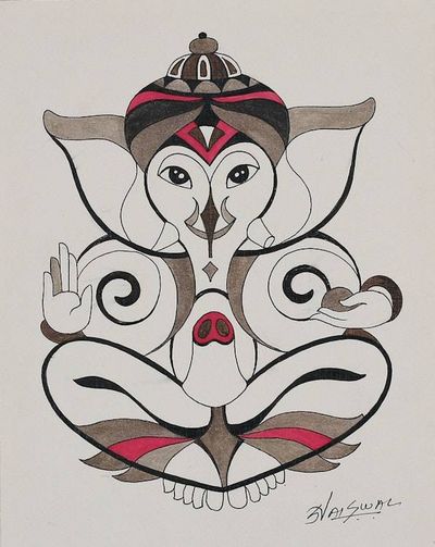 Primary image for Traditional Acrylic and Watercolor Painting of Ganesha Sitting Ganesha