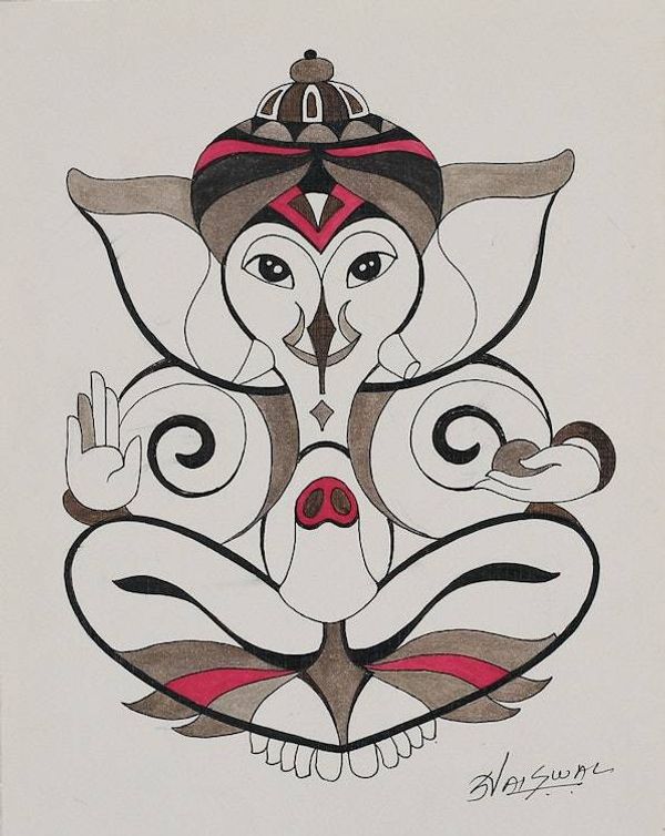 Alternate image for Traditional Acrylic and Watercolor Painting of Ganesha Sitting Ganesha
