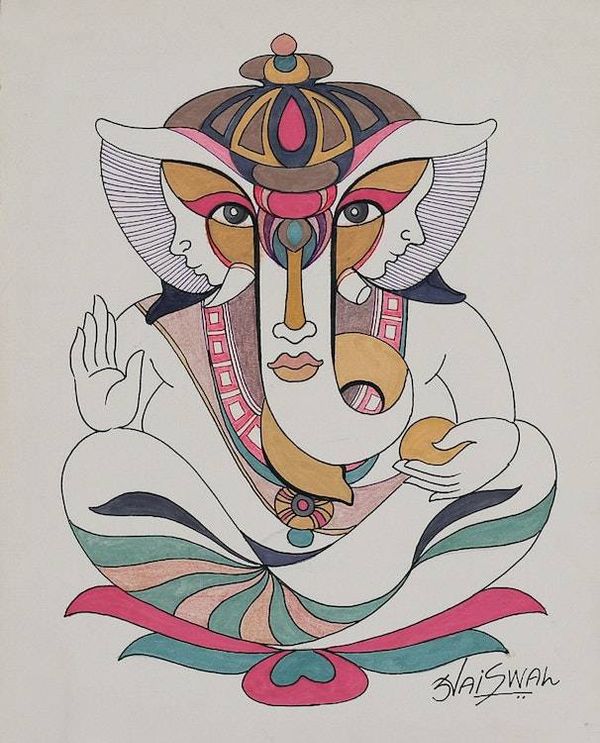 Alternate image for Vibrant Acrylic and Watercolor Majestic Ganesha Painting Ganesha Glory