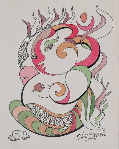 Primary image for Signed Sun-Themed Acrylic and Watercolor Ganesha Painting Sun Ganesha