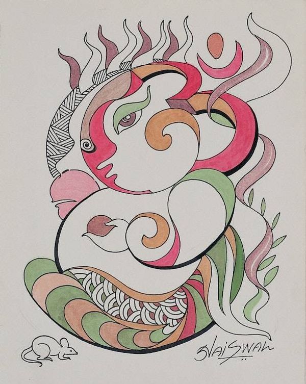 Alternate image for Signed Sun-Themed Acrylic and Watercolor Ganesha Painting Sun Ganesha